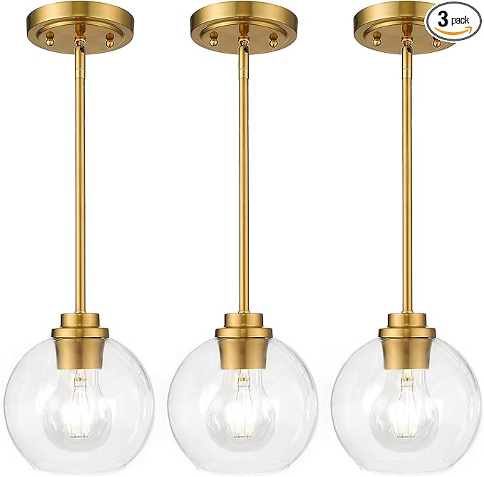 Pendant Lights Kitchen Island, Modern Gold Pendant Light with Clear Glass, 7 Inch Farmhouse Hanging Light Fixtures for Dining Room Entryway, Bedroom, Hallway, Farmhouse- 3 Pack