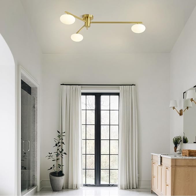 3-Light Gold Semi Flush Mount Ceiling Light,Modern Sputnik Chandelier,Mid Century Industrial Vintage Metal Chandelier for Bedroom Kitchen Dining Room MCL03-GD