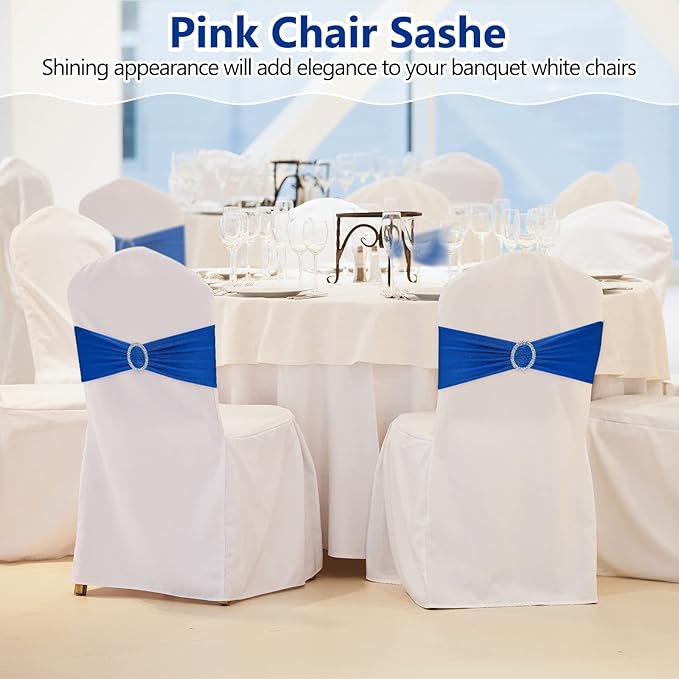CHENGU 150 Pieces Spandex Stretch Chair Sashes Bows Elastic Chair Cover Bands Ties with Buckle Slider for Wedding Party Reception Events Universal Ceremony Banquet Decorations (Blue)