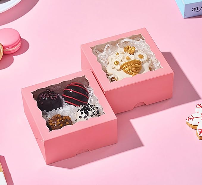 50-Count 4x4x2 Food-Safe Pink Bakery Boxes - Multi-Use Pastry & Treat Packaging for Cookies, Truffles & Wedding Favors (Stackable Gift Boxes for Cakes, Pies & Cinnamon Rolls)
