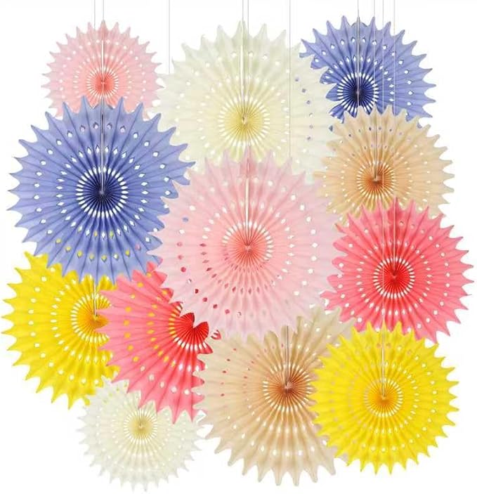 BestoFun 12PCS Paper Fans Light Color Party Decorations Tissue Paper Flowers Decorations for Girl Groovy Birthday Baby Shower Wedding Bachelorette Room Wall Hanging Décor