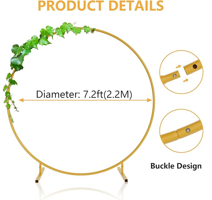 7.2ft Round Backdrop Stand, Stable Balloon Arch Stand, Metal Wedding Arch Backdrop Stand Circle Backdrop Stand Frame for Wedding, Birthday Party, Baby Shower Decoration (Gold)