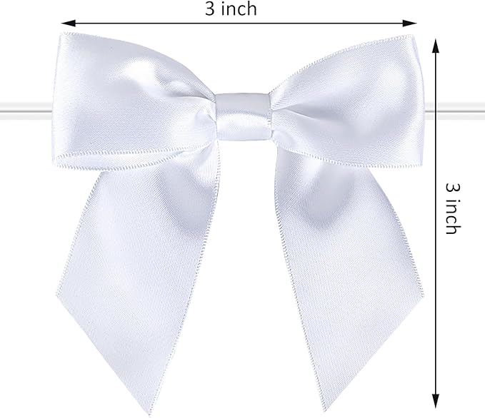 114 Pack Twist Tie Bows for Treat Bags 3" White Satin Ribbon Bows for Package Craft, Gift Wrapping Decoration, Candy Bags, Bakery Bags, Wedding, Baptism, Tableware Decor Party Decoration