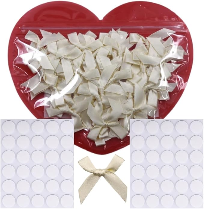 60pcs 1.7" Mini Ivory Ribbon Bows Decor – Small DIY Cream Satin Bows for Crafts, Little Bows for Gift Wrapping, Tiny Bow Stickers for Note Card Bow Baby Shower Cake and Candle Decorations