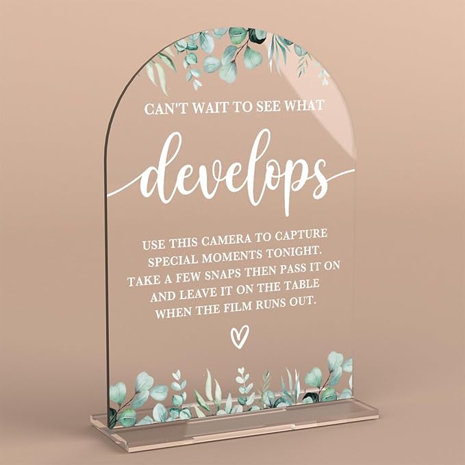 Acrylic Wedding Sign Can't Wait to See What Develops Signs for Ceremony Modern Calligraphy Arch Acrylic Table Top Signs for Wedding Reception and Event Party Table Decor (Eucalyptus Leaves)