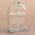 Acrylic Wedding Sign Can't Wait to See What Develops Signs for Ceremony Modern Calligraphy Arch Acrylic Table Top Signs for Wedding Reception and Event Party Table Decor (Eucalyptus Leaves)