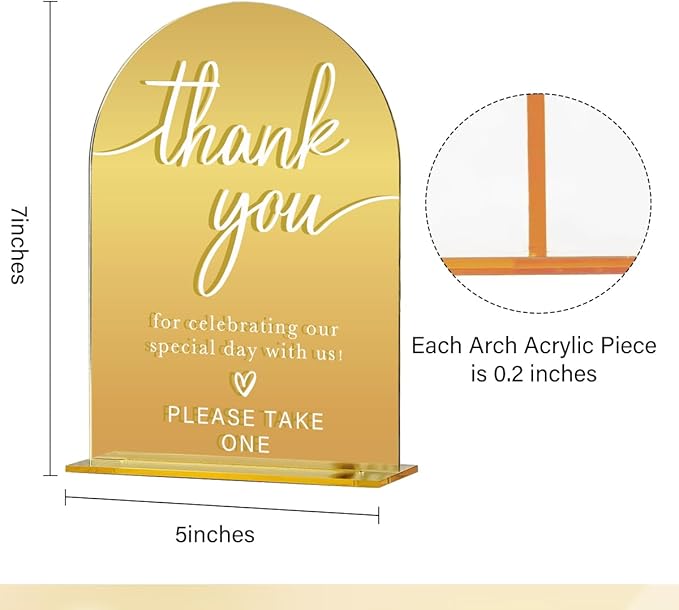 Acrylic Wedding Sign, Bridal Shower Decorations, Thank You Sign for Ceremony, Modern Font Table Signs, Gold Mirror Arched Acrylic Tabletop Signs for Wedding Reception and Event Party