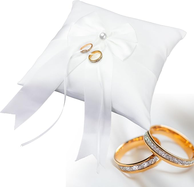 Wedding Ring Pillow Fairy Pearl Ivory Ring Bearer Cushion Bowknot Pocket Rings Bearer Pillow Holder Simple Collection of Big Bow for Wedding Party Ceremony 7.8'' x7.8''