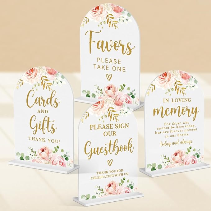 4 Pcs Acrylic Wedding Signs for Reception, Bridal Shower Decorations, Cards and Gifts Signs, Guest Book Sign, Arch Acrylic Table Top Sign with Holder for Wedding Reception (White Pink Flowers)