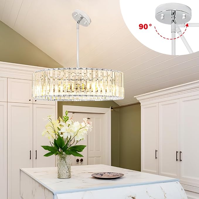 Modern Crystal Chandelier for Dining Room, 6 Light Chrome Semi Flush Mount Ceiling Light Fixtures, 19in Hallway Fixture, Round Kitchen Hanging Drum Pendant Lights Ceiling for Living Room Bedroom Foyer