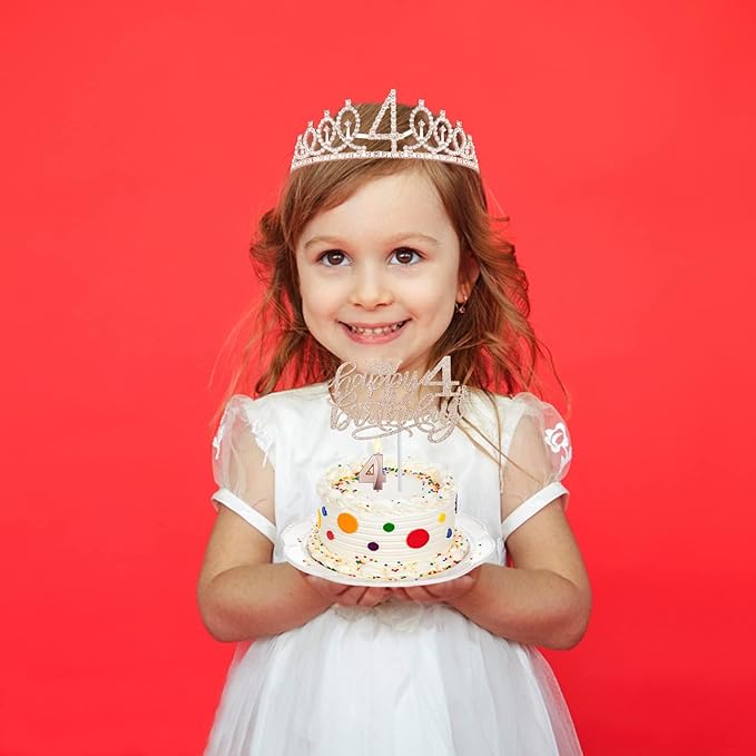 4th Birthday Decorations for Girl Including Sash, Crown, Numeral Candle and Cake Topper, 4 Year Old Girls Party Favor Supplies