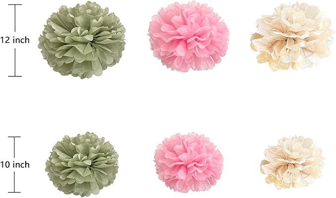 ZOOYOO Sage Green Tissue Paper Pom Poms Decorations, 12 PCS Pink Green Birthday Baby Shower Decor, Boho Neutral Wedding Bridal Shower Engagement Party Decorations