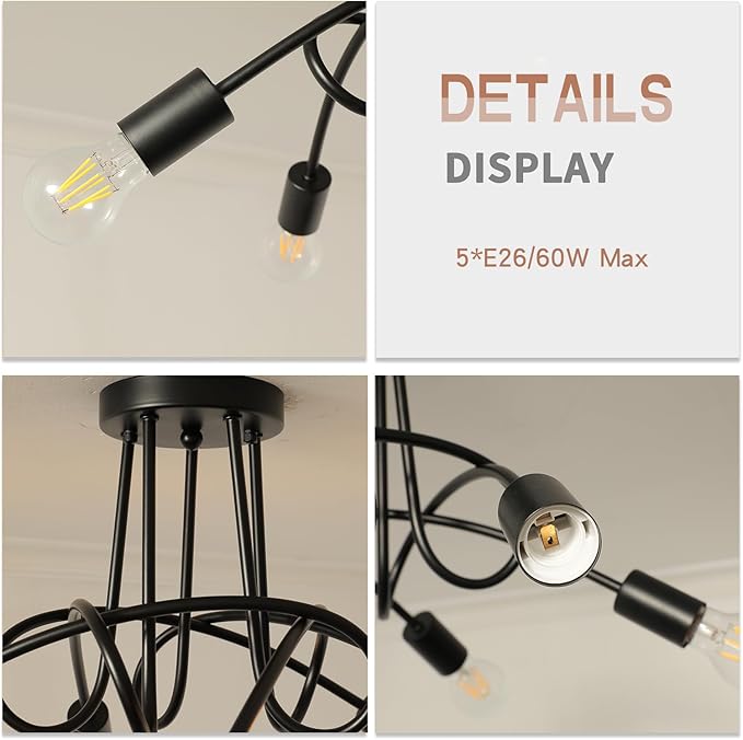 Modern Farmhouse Chandelier,25 Inch Black Metal Spiral Rustic Vintage Semi Flush Mounted Ceiling Light Fixture for Dining Room Bedroom Kitchen Island Hallway Foyer Entryway(5-Light)
