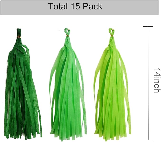 GAKA Dark Green and Light Green Tissue Paper Tassel(3 Colors),Paper Tassel Garland Banner for Jungle Birthday Party Decor Supplies,15 PC