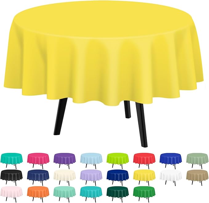 QIKSION Yellow Round Tablecloth 6 Pack, 84 Inch Plastic Table Cover Disposable for Parties