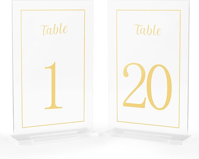 Acrylic Table Numbers 1-20 with Stand, Printed Gold Font on 4x6 inch Acrylic, Clear Table Number Signs and Holders, Centerpiece for Events, Weddings, Reception, Party, Anniversary, and Decoration