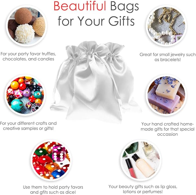 3" x 4" White Satin Gift Bags, Jewelry Bags, Wedding Favor Silky Drawstring Baby Shower Christmas 50 per Pack