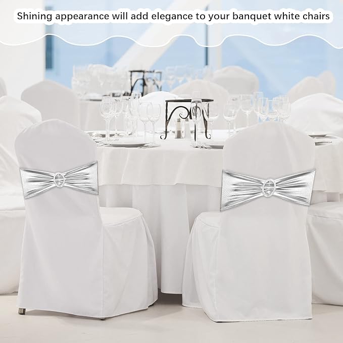 CHENGU 150 Pieces Spandex Stretch Chair Sashes Bows Elastic Chair Cover Bands Ties with Buckle Slider for Wedding Party Reception Events Universal Ceremony Banquet Decorations (Silver)