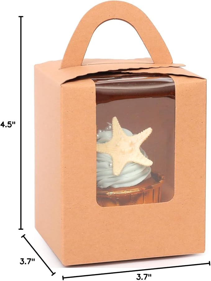 qiqee 100pcs Cupcake Containers Individual Brown Cupcake Holders Disposable Kraft Single Cupcake Boxes with Window 3.7" 3.7"*4.5" Cupcake Boxes