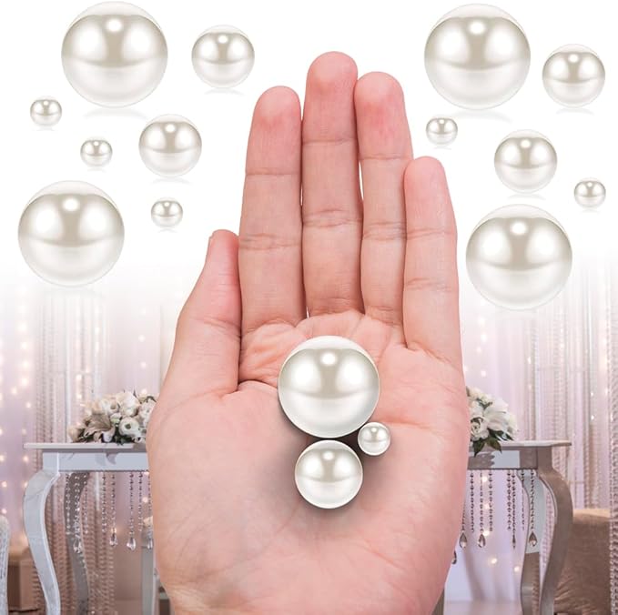 150Pcs White Polished No Hole Faux Pearl Beads for Vase Filling Decorations, Plastic Pearls Vase Fillers, Table Scatters, Wedding Centerpiece, Home Decor, 8/14/20 mm