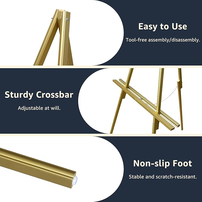 nianfeng Wooden Easel Stand for Sign, Easel Display Stand Floor for Wedding Sign With Adjustable Tray, 63-Inch, Tripod A-Frame Poster Light Duty, Welcome, Art Show & Baby Shower (Golden)