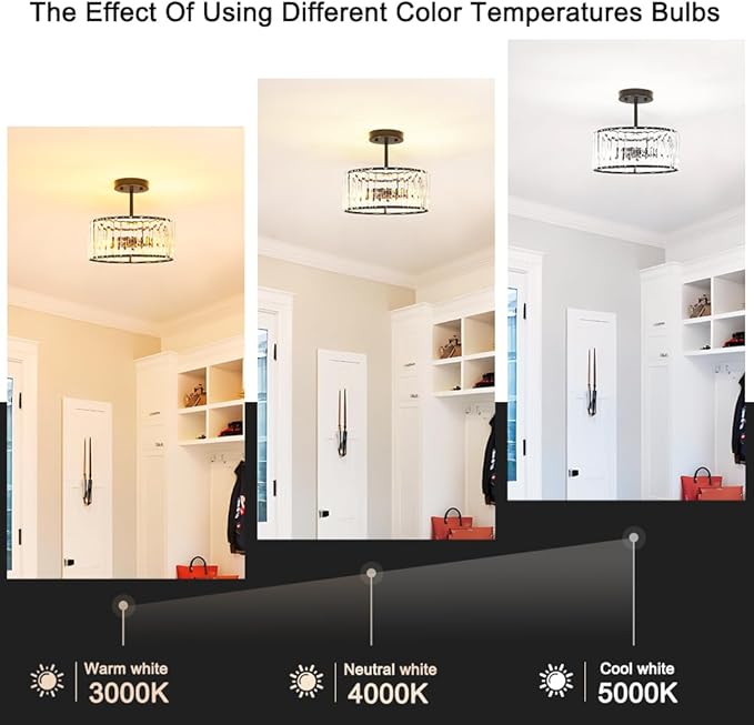 Modern Crystal Ceiling Light, Matte Black Semi Flush Mount Ceiling Lighting Fixture, Hallway Light Fixtures Chandelier for Kitchen, Bedroom Dining Room Hallway Closet, 3-Light, 12 Inch