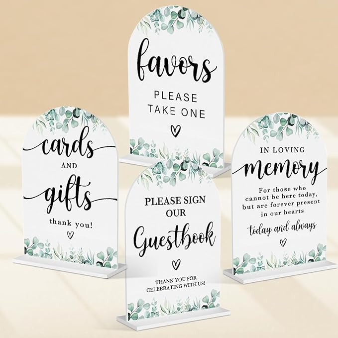 4 Pcs Acrylic Wedding Signs for Reception, Bridal Shower Decorations, Cards and Gifts Signs, Guest Book Sign, Arch Acrylic Table Top Sign with Holder for Wedding Reception (White Eucalyptus Leaves)