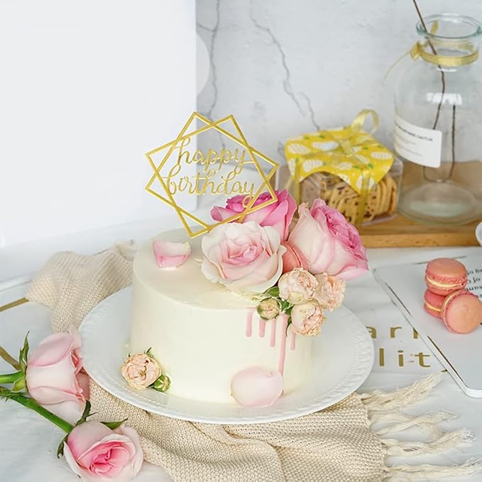 Gold Happy Birthday Cake Topper - Acrylic Cupcake Toppers Decoration Supplies (7 Pieces)