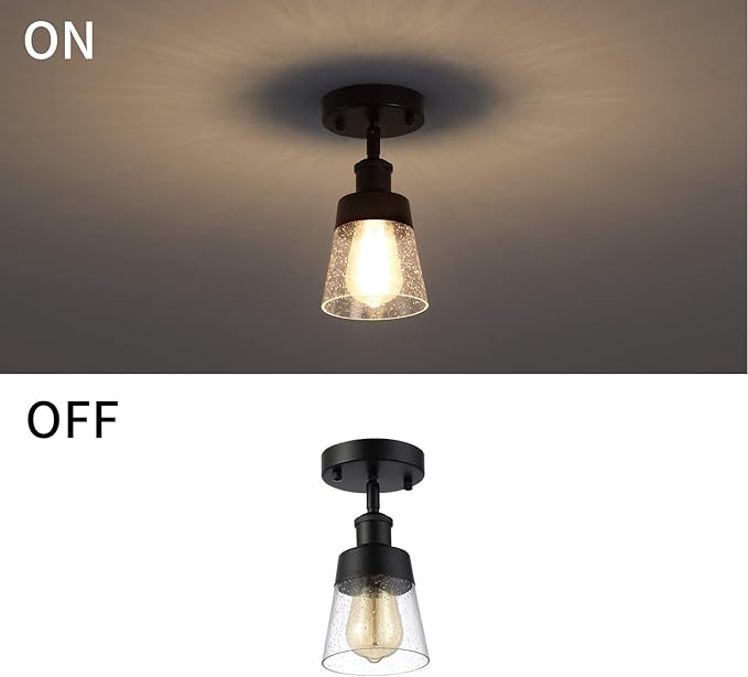 Fivess Lighting Industrial Glass Semi Flush Mount Ceiling Light, Black, 9.45x4.72x4.72 inches, Seeded Shade, for Kitchen, Hallway, Bedroom etc.
