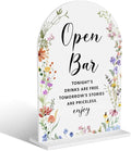 Acrylic Wedding Signs, Open Bar Signs for Marriage Reception, Bridal Shower Decorations, Modern Arched Round Top Acrylic Table Top Sign with Holder for Wedding Party Dinner (White Wildflowers)