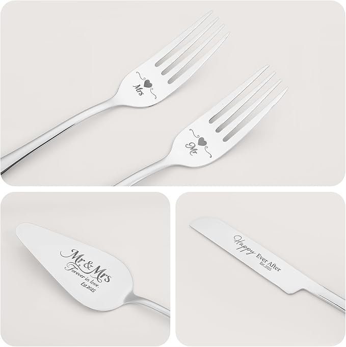 wedding cake knife and server set,Silver wedding cake knife and server set 2025,4Pcs Set with Forks for Engagements, Anniversary Bridal Shower Christmas Gifts.