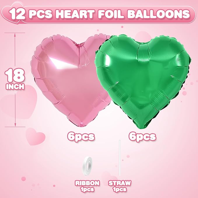 Pink Green Heart Balloons,12Pcs 18Inch Pink Green Heart Shaped Foil Helium Balloons for Witch Themed Birthday Baby Shower Witch Themed Birthday Anniversary Party Decorations