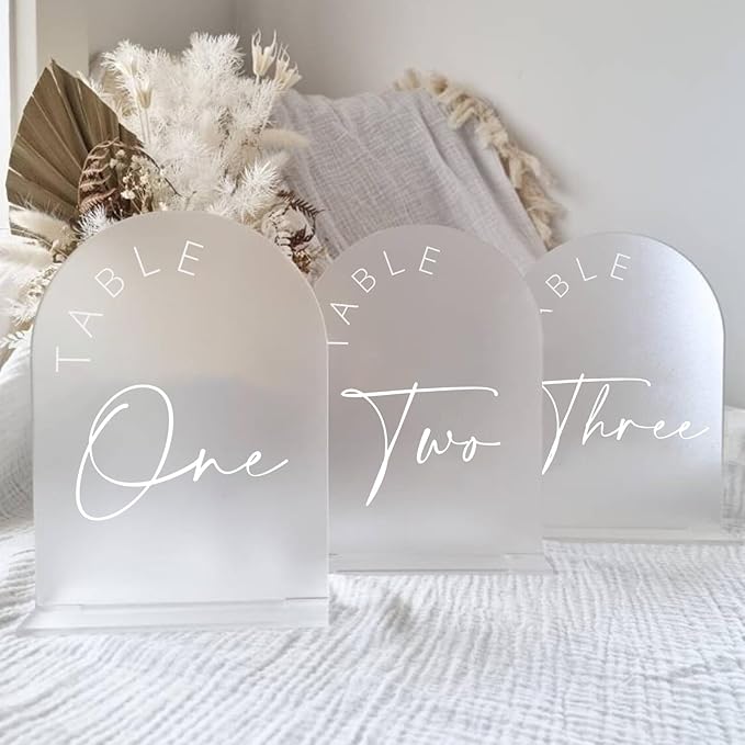 JINMURY Frosted Arch Wedding Table Numbers 1-20 with Stands, 5x7 Inch Frosted Arch Acrylic Sign with White Letters, Arched Acrylic Table Numbers for Wedding Reception