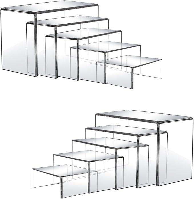 10 Pcs Acrylic Display Risers, 2 Sets Small Size Acrylic Risers Display Stands, 0.15" Thick Clear Shelf Riser, Risers Display Stands for Dessert, Candy, Figure, Perfume, Jewelry Showcase