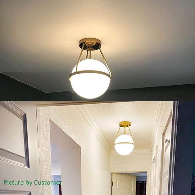 HOLKIRT Mid Century Modern Globe Semi Flush Mount Ceiling Light Fixture,White Opal with Brass Finish,Living/Dinning Room