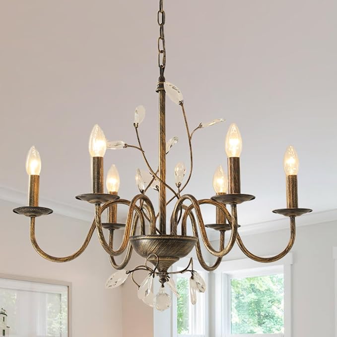 Farmhouse Crystal Chandelier,26 Inch Modern Flower Branch Oil-Rubbed Bronze Rustic Vintage Hanging Pendant Ceiling Light Fixture for Living Room Dining Room Bedroom Foyer Entryway