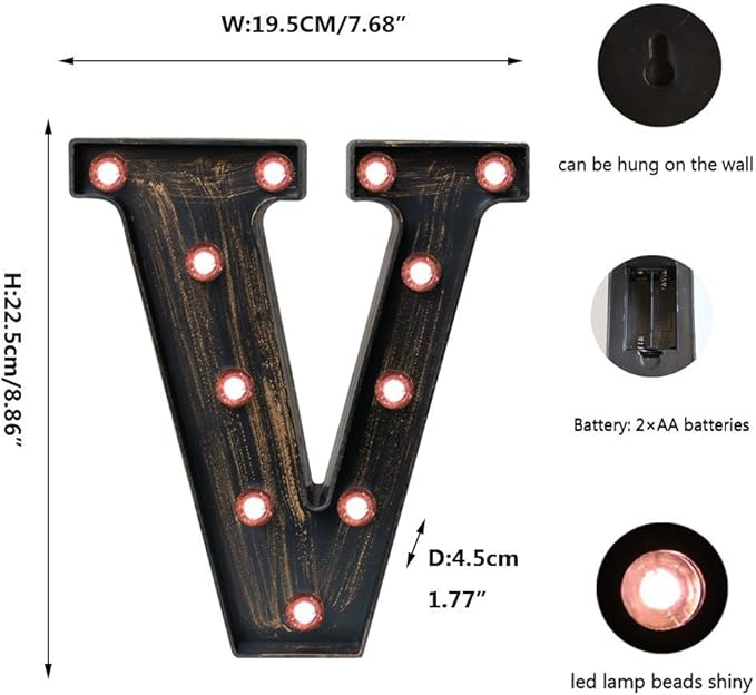 OYCBUZO Golden Black Led Marquee Letter - Industrial, Vintage Style Light Up Alphabet Letter Sign for Cafe Wedding Birthday Party Christmas Lamp Home Bar Initials Decor - V