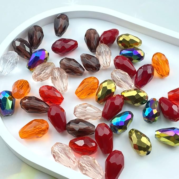 200pcs 3x5mm Teardrop Crystal Glass Beads Vertical Hole Faceted Loose Spacer Beads for DIY Craft Jewelry Making Necklace Bracelet Earring Wind Chimes(Red Series)