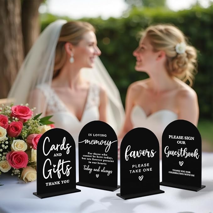 4 Pcs Acrylic Wedding Signs for Ceremony and Reception, Bridal Shower Decorations, Cards and Gifts Signs, Guest Book Sign, Arch Acrylic Table Top Sign with Holder for Wedding Reception (Black)