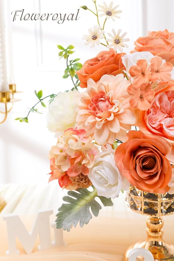 Floweroyal Artificial Flowers Combo Champagne Flowers Mix Silk Flowers Dahlia Roses with Stems for DIY Wedding Bridal Bouquets, Baby Shower, Floral Arrangement, Table Centerpieces, Home Decorations.