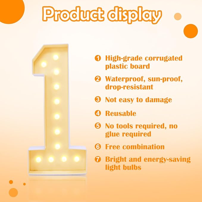 4ft Marquee for Numbers 1, Multifunctional Plastic Marquee for Numbers 4 Feet Tall, Mosaic Numbers for Balloons, Light up Numbers for Party Decorations, Birthday, Anniversary Party Decor