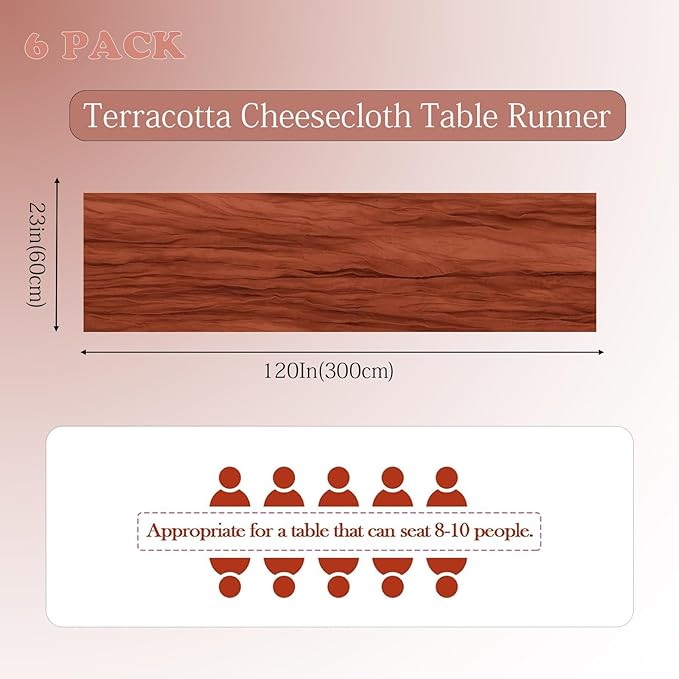 6 Pack Terracotta Cheesecloth Table Runner 23x120 inch Rustic Boho Gauze Table Runner 10 FT Long Sheer Cheese Cloth Fabric Table Runners for Romantic Wedding Bridal Shower Birthday Party Decor