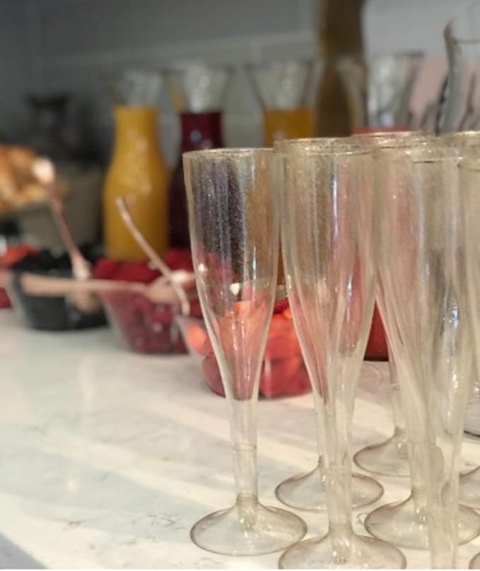 Oojami 90 Plastic 6.5 oz Disposable Champagne Flutes Ideal for Toasting, Wedding, Birthday, Baby Showers, Retirement, Celebration, Mimosa, Cocktails, Engagements, Birthday, Parties (Gold Glitter)