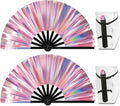 13" Large Folding Rave Fan with Holster, Clack Hand Fans Foldable for Line Dancing, Boots On The Ground Fan for Women Men Festival EDM Party Decoration, Holographic Pink 2 Pack