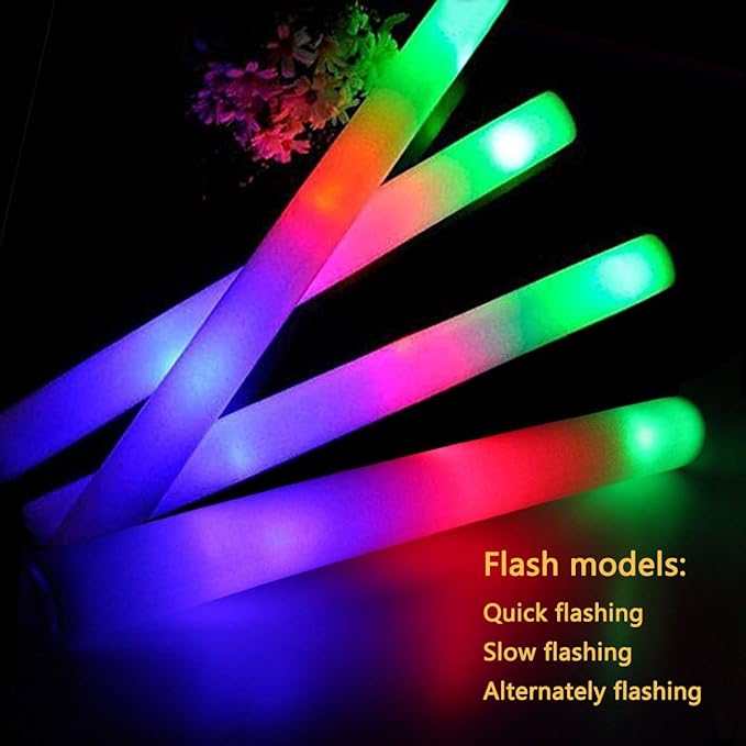 Foam Glow Sticks Bulk 100 Pack,3 Modes Flashing LED Light Sticks Glow in The Dark Party Supplies Light Up Toys for Parties Wedding Birthday Concert Christmas Halloween