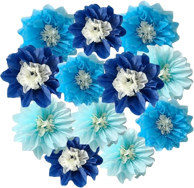 12pcs 8in 10in Paper Pom Poms Blue Hanging Paper Flowers Floral Backdrop Wedding Party Flower Decorations DIY Art Craft Blooms for Birthday Baby Shower Nursery Decor