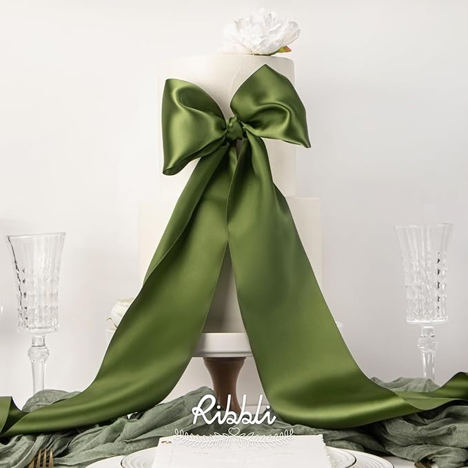 Ribbli Moss Green Satin Ribbon 4 Inch Wide Moss Green Ribbon for Wedding Chair Sash Grand Opening Ceremony Big Bows Gift Wrapping Floral Crafts Cake Decor-Double Faced Satin Continuous 10 Yards