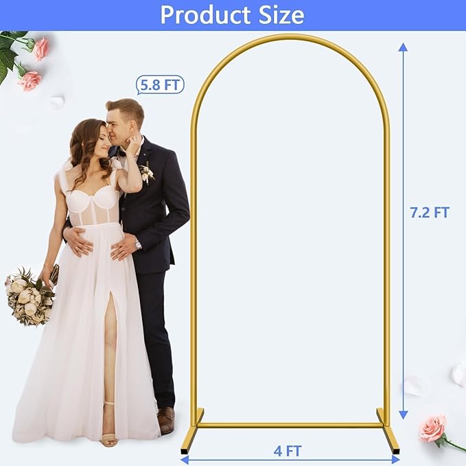 7.2 ft Arch Backdrop Stand, Metal Balloon Arch Stand, Stable Wedding Arched Frame with Square Base Ground Nails, Background Arches for Birthday Party Baby Shower Garland Decoration, Gold