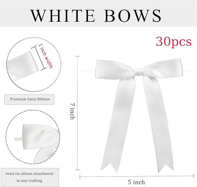 30Pcs Satin Ribbon White Bows 5x7 Inch Twist Tie Bow for Gift Wrapping Champagne Bottle Cake Treat Bag Craft DIY Gift Christmas Birthday Party Balloons & Garland Home Decor