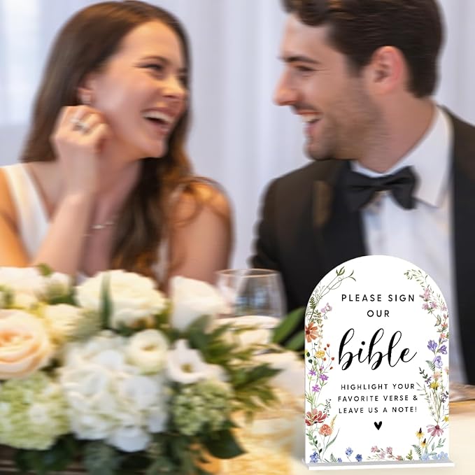 Acrylic Wedding Signs, Please Sign Our Bible Signs for Marriage Reception, Bridal Shower Decorations, Modern Arched Round Top Acrylic Table Top Sign with Holder for Wedding Party (White Wildflowers)